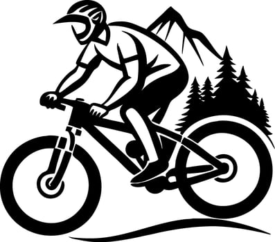 Mountain Biker Riding Through Forest Landscape Silhouette for Outdoor Adventure Designs vector