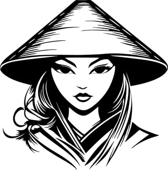 Elegant Asian Woman in Traditional Hat and Kimono Line Art for Tattoos and Coloring Books vector