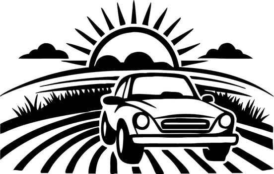 Vintage Car Driving Through Scenic Countryside at Sunrise with Rolling Hills and Grass vector