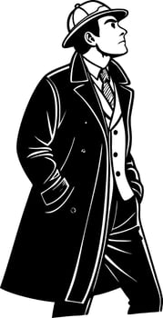 Elegant Detective in Classic Attire with Fedora and Overcoat for Vintage Style Designs vector