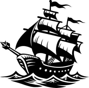 Vintage Black Pirate Ship Sailing on Stormy Waves Nautical Adventure Tattoo Design vector