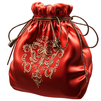 Beautiful red satin drawstring pouch golden embroidery a decorative tassel png