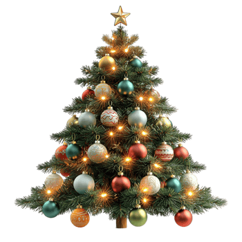 Beautiful decorated Christmas tree twinkling lights golden ornaments festive decorations png