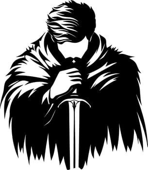 Mysterious Warrior with Sword Silhouette in Cloak for Fantasy Art and Tattoo Designs vector
