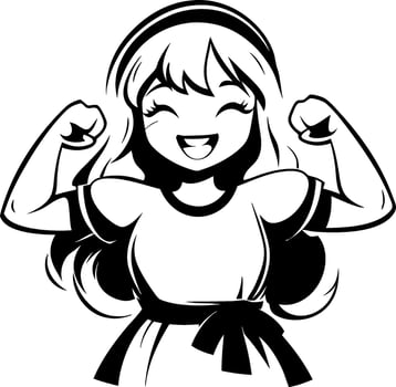 Empowered Cartoon Girl Flexing Muscles in Dress Ideal for Coloring Book or Tattoo Design vector