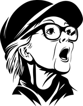 Excited Elderly Woman Wearing Glasses and Hat Expressing Joyful Surprise in Black Silhouette vector