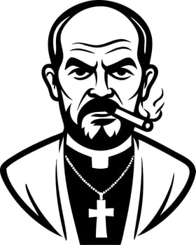 Intense Priest Character with Cigarette and Cross Necklace for Unique Designs vector