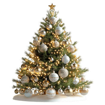 Beautifully decorated Christmas tree golden baubles twinkling fairy lights festive ribbons png