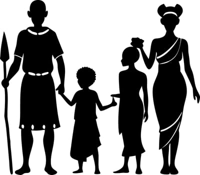 Family Silhouette of African Heritage Featuring Traditional Attire and Symbolism for Cultural Art vector