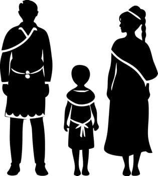 Family Silhouette of Three Diverse Characters in Traditional Attire for Cultural Celebrations vector