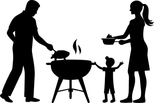 Family Barbecue Gathering with Parents Grilling and Child Enjoying Cooking Fun vector