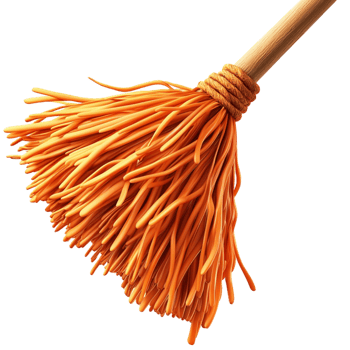 Traditional orange broom natural straw bristles sting upright ready for sweeping cleaning tasks png
