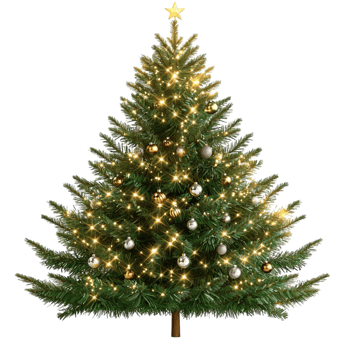 Large Christmas tree sting tall beautifully decorated golden lights shiny ornaments png