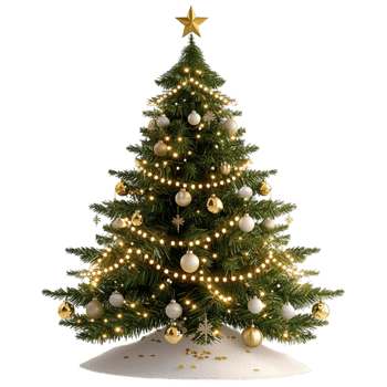 Beautifully decorated Christmas tree shining golden lights festive holiday ornaments png