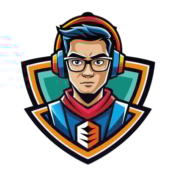 Colorful gamer avatar in a shield emblem vector