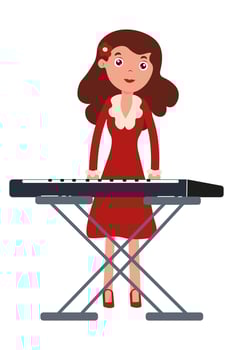 Woman in red dress playing keyboard with passion in a lively music performance vector
