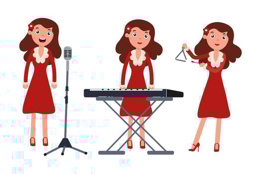 Woman performing with musical instruments in vibrant red dress at a lively event vector