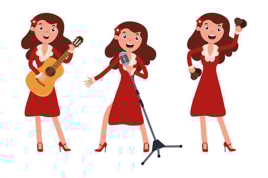 Singer performing with guitar and microphone at a lively music event during the evening vector