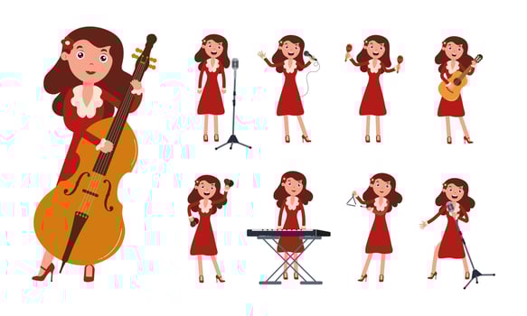 Musician performing with various instruments in a lively, animated style vector