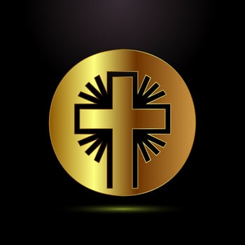 Christian cross icon design, Religion sign. Holy cross logo in gold color style vector