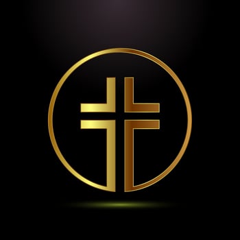 Christian cross icon illustration, Religion sign. Holy cross logo symbol in gold color style vector