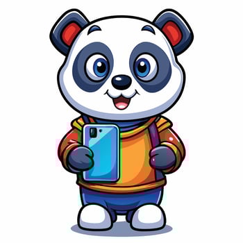 a cartoon panda holding a cell phone vector