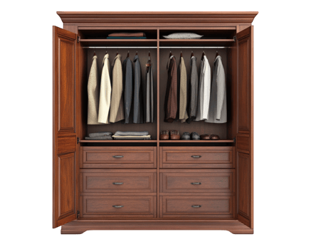 A wooden closet with clothes hanging on the doors png