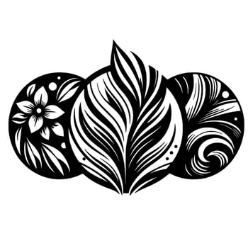 Elegant Black and White Floral and Foliage in Three Intertwined Circular Sections, with Detailed Leaf and Flower Patterns. vector