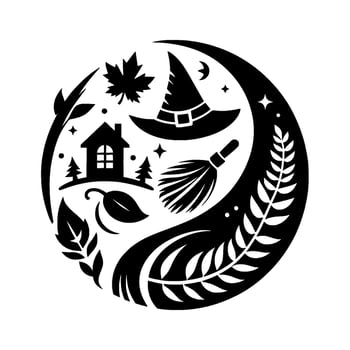 Whimsical Black and White Halloween Crest Witchs Hat, Broom, House, Maple Leaf, Moon, Celestial Accents vector