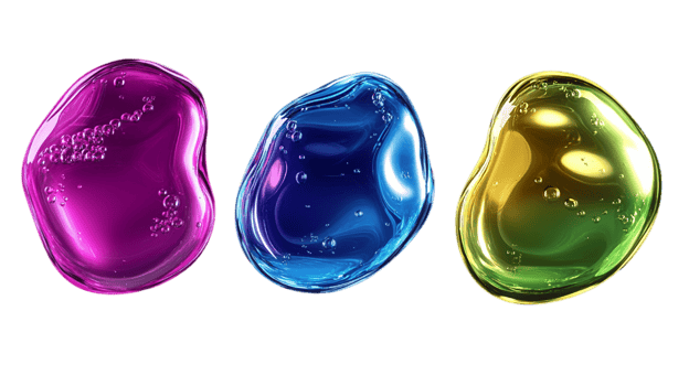 Glossy metallic neon liquid abstract shapes floating isolated on transparent background png