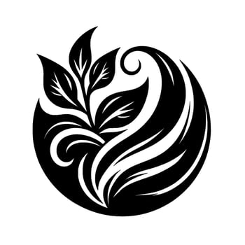 Elegant black and white botanical featuring stylized leaves and swirling elements within a circular frame on white backdrop. vector