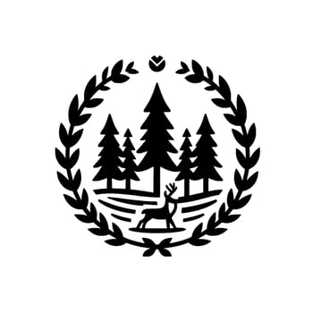 Black and White Circular Emblem Depicting a Forest Scene with Pine Trees, a Deer, and Laurel Wreath Border. vector