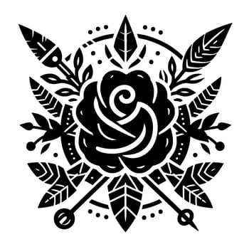 Intricate Black and White Illustration Rose, Arrows, Feathers, and Foliage Within Circular Frame, Modern Tattoo . vector