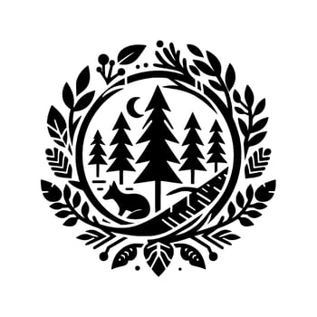 Intricate Black White Circular Illustration Forest scene with trees, fox, crescent moon, encircled by foliage, in a minimalist style. vector