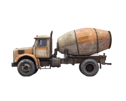 Old cement truck with weathered appearance, showcasing rust and wear. Ideal for construction themes or industrial settings png