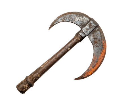 vintage sickle with rusty blade and wooden handle, isolated on transparency background, showcasing its historical significance and craftsmanship png