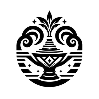 Stylized Black and White Circular Ornamental Vessel with Foliage, Swirls, and Stars, evoking a sense of artistic elegance. vector