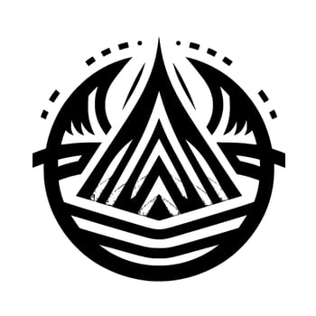 Geometric Tribalinspired black and white featuring a central triangle within a circular frame, with sharp angles and stylized details, suggesting a symbol or emblem. vector