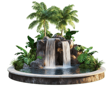 A tropical waterfall with palm trees and water png