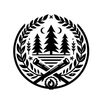 Black and white circular nature emblem featuring pine trees, crossed logs, crescent moons, and a campfire surrounded by laurel leaves and subtle, stylized elements. vector
