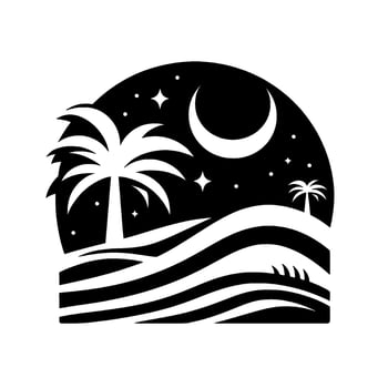 Serene Black and White Silhouette Palm Trees, Moon, and Stars Over Rolling Waves Under a Night Sky. vector