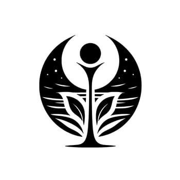 Stylized black and white nature emblem featuring a plant reaching for a celestial circle, representing growth and balance. vector