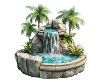tropical fountain with cascading water surrounded by lush palm trees and vibrant plants, creating serene and inviting atmosphere png