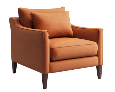 modern orange armchair with plush cushions, perfect for stylish interiors. This chair adds pop of color and comfort to any room, making it ideal choice for contemporary decor png