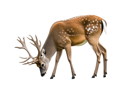 A majestic deer with rich brown coat and distinctive white spots grazes peacefully. Its impressive antlers add to its elegance, showcasing beauty of wildlife in natural setting png