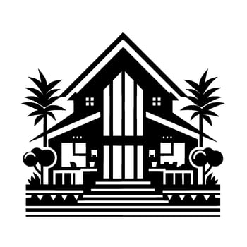 Minimalist Black White House Illustration with Palm Trees, Steps, and Geometric Garden under a Gray Sun. vector