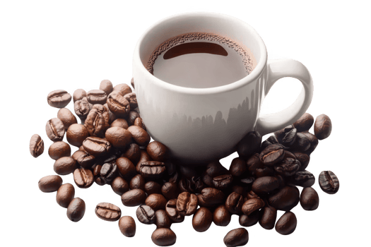 A steaming cup of coffee surrounded by roasted coffee beans creates warm and inviting atmosphere, perfect for coffee lovers. rich aroma and deep color of brew enhance experience png