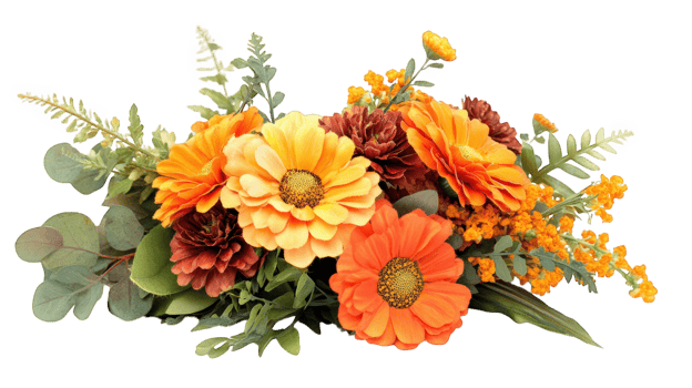 vibrant bouquet of marigolds and assorted flowers, showcasing warm orange and yellow hues, perfect for adding cheerful touch to any space png
