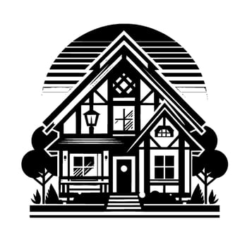 Black and white geometric illustration of a cozy, Tudorstyle house with trees, set against a stylized, striped sunrise backdrop. vector