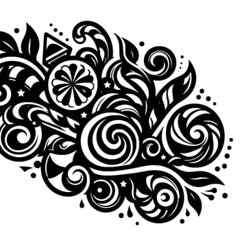 Abstract Black and White Swirling Candy, Leaves, and Geometric Elements in a Bold, Decorative Composition. vector